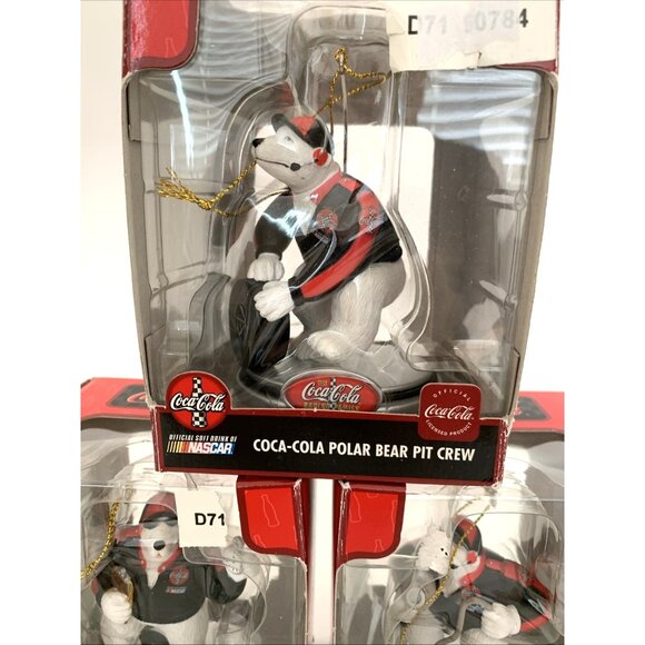 3 Coca-Cola NASCAR Polar Bear Pit Crew Xmas Ornaments Tire Wrench Boxes Vintage - Picture 6 of 10